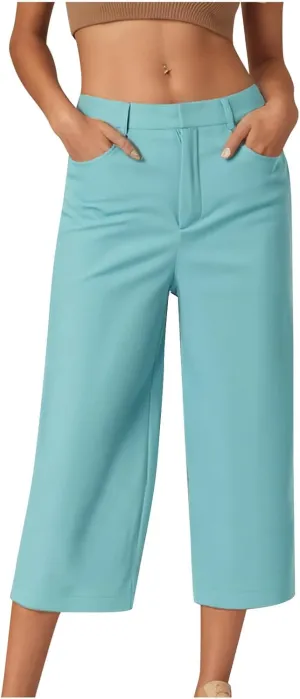 Capri Pants for Women High Waisted Pull On Dress Pants Slim Straight Leg Stretchy Waist Capris Trousers Pant Light Blue