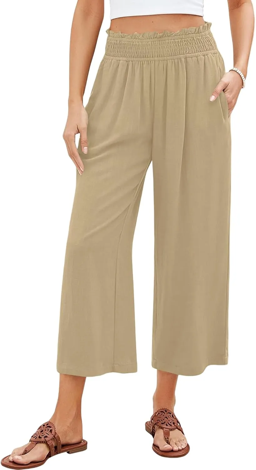 Capri Pants for Women High Waisted Wide Leg Linen Pants Elastic Smock Waist Flowy Palazzo Pant Summer Beach Pant
