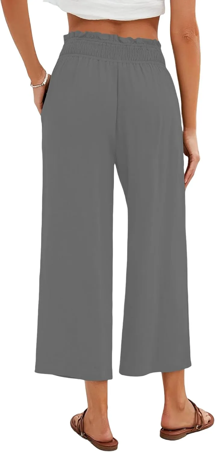 Capri Pants for Women High Waisted Wide Leg Linen Pants Elastic Smock Waist Flowy Palazzo Pant Summer Beach Pant