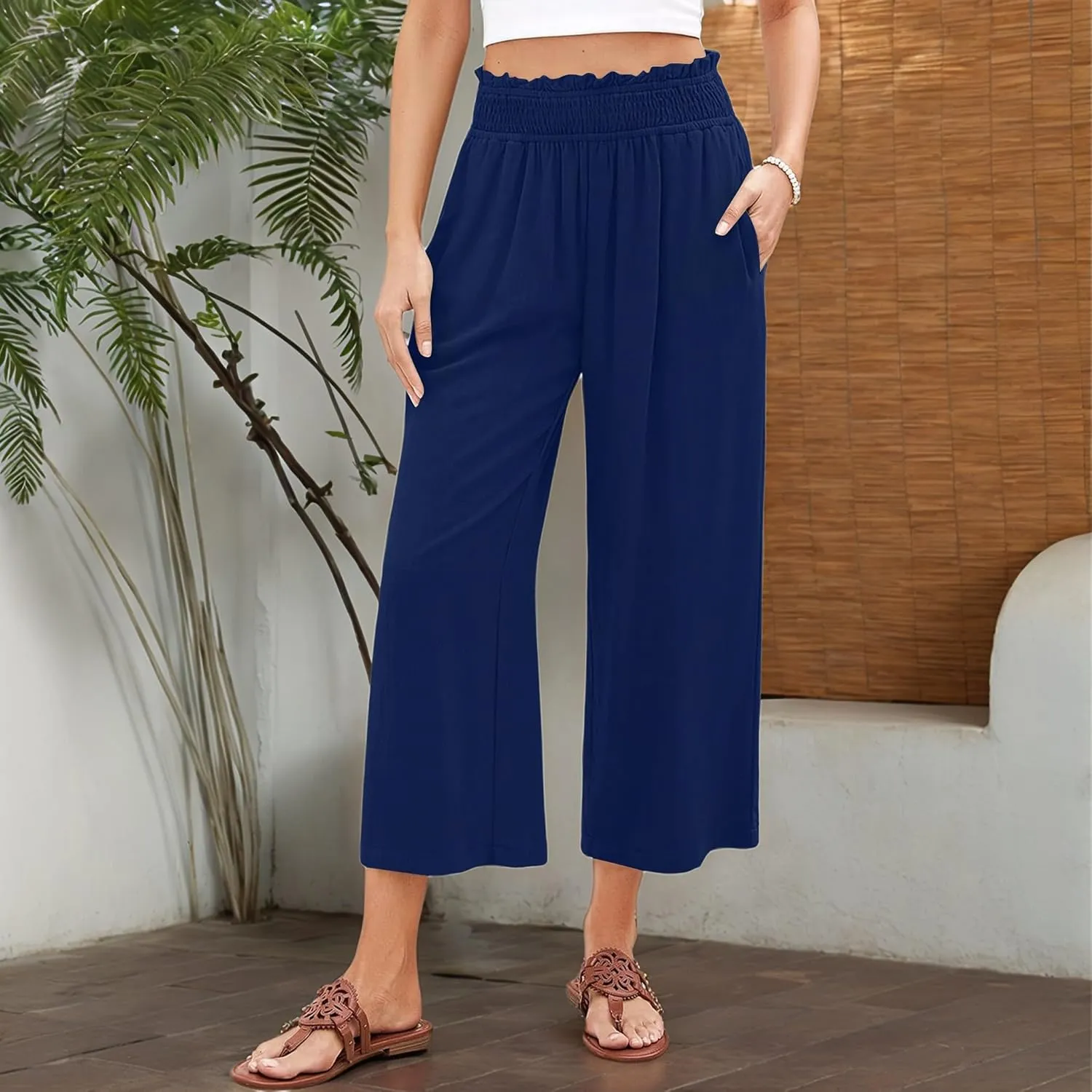 Capri Pants for Women High Waisted Wide Leg Linen Pants Elastic Smock Waist Flowy Palazzo Pant Summer Beach Pant