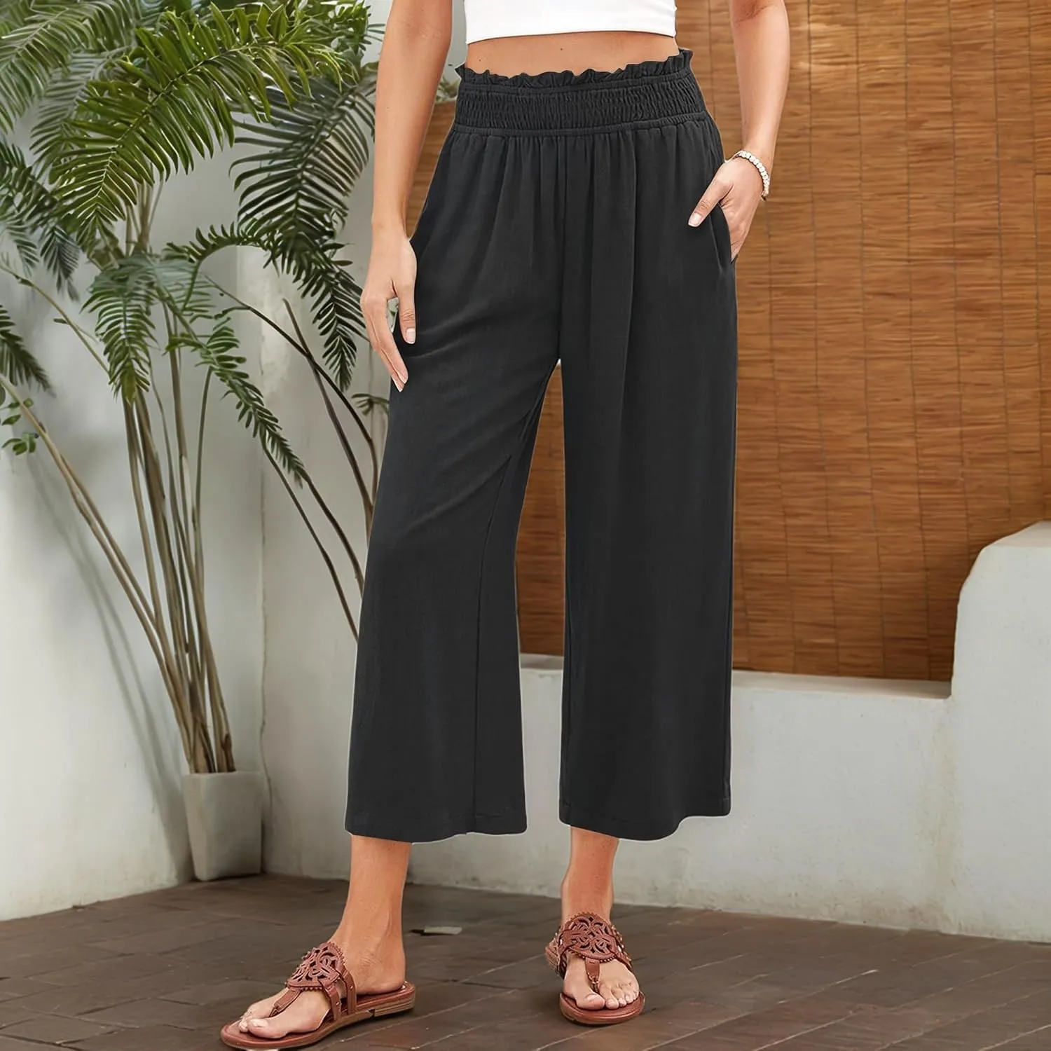 Capri Pants for Women High Waisted Wide Leg Linen Pants Elastic Smock Waist Flowy Palazzo Pant Summer Beach Pant