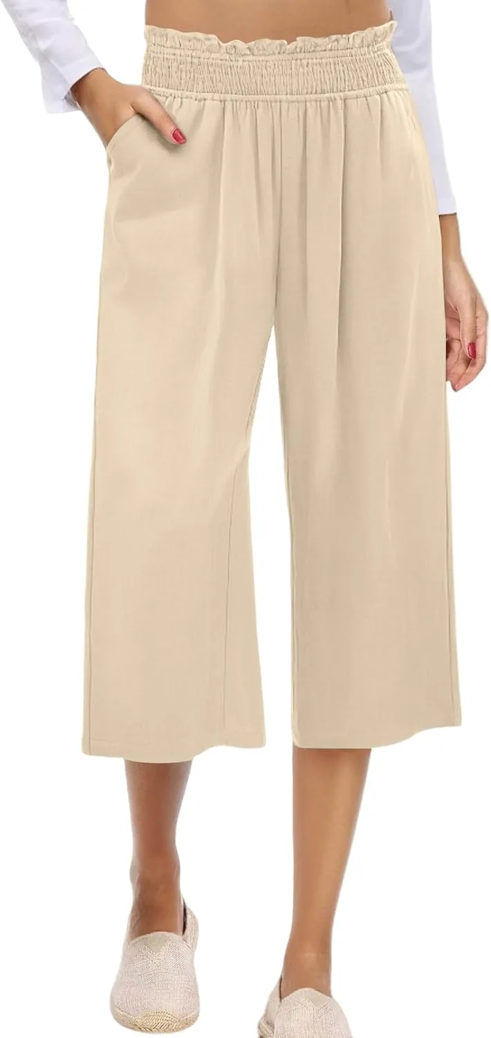 Capri Pants for Women High Waisted Wide Leg Linen Pants Elastic Smock Waist Flowy Palazzo Pant Summer Beach Pant