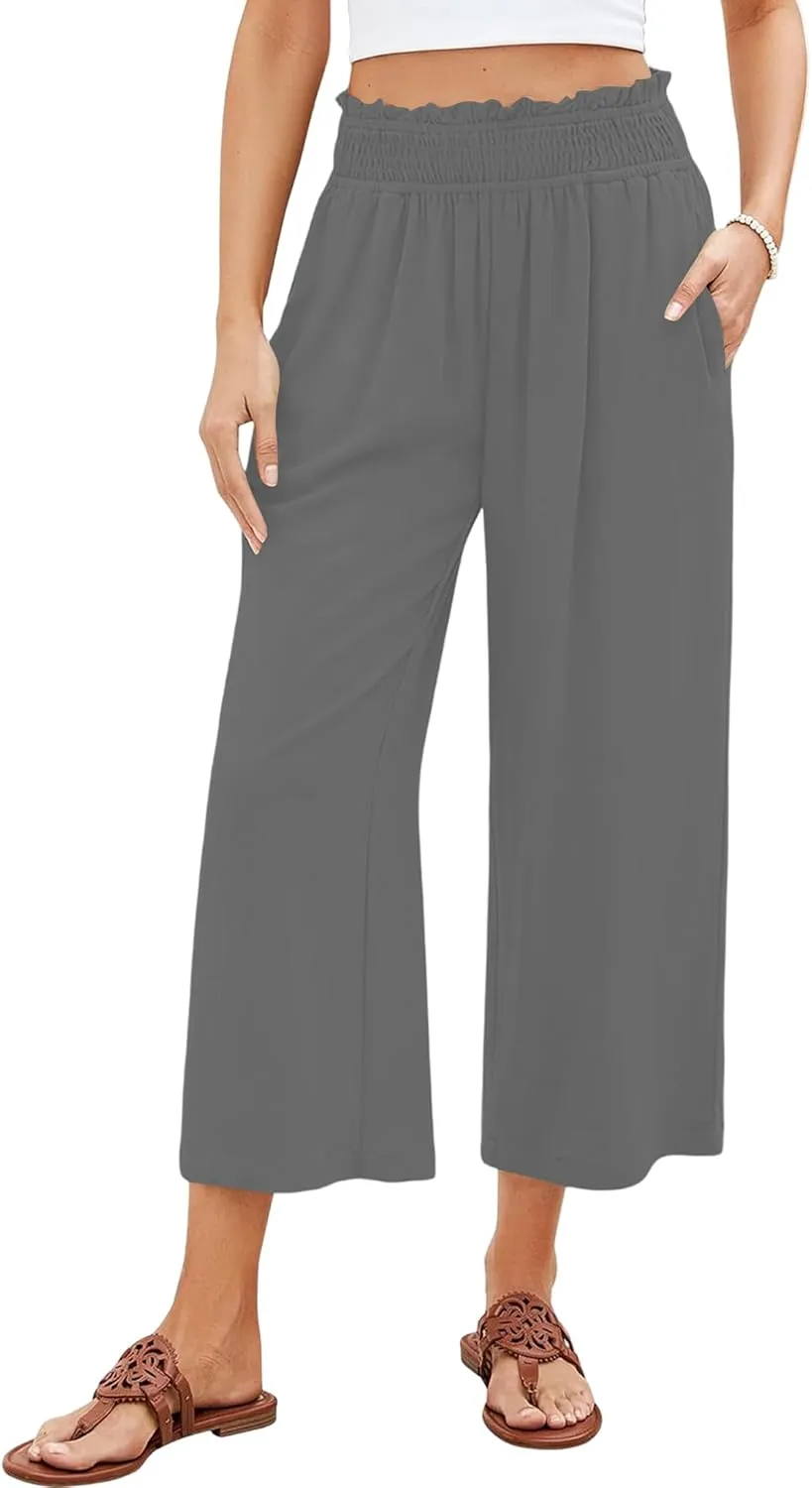 Capri Pants for Women High Waisted Wide Leg Linen Pants Elastic Smock Waist Flowy Palazzo Pant Summer Beach Pant