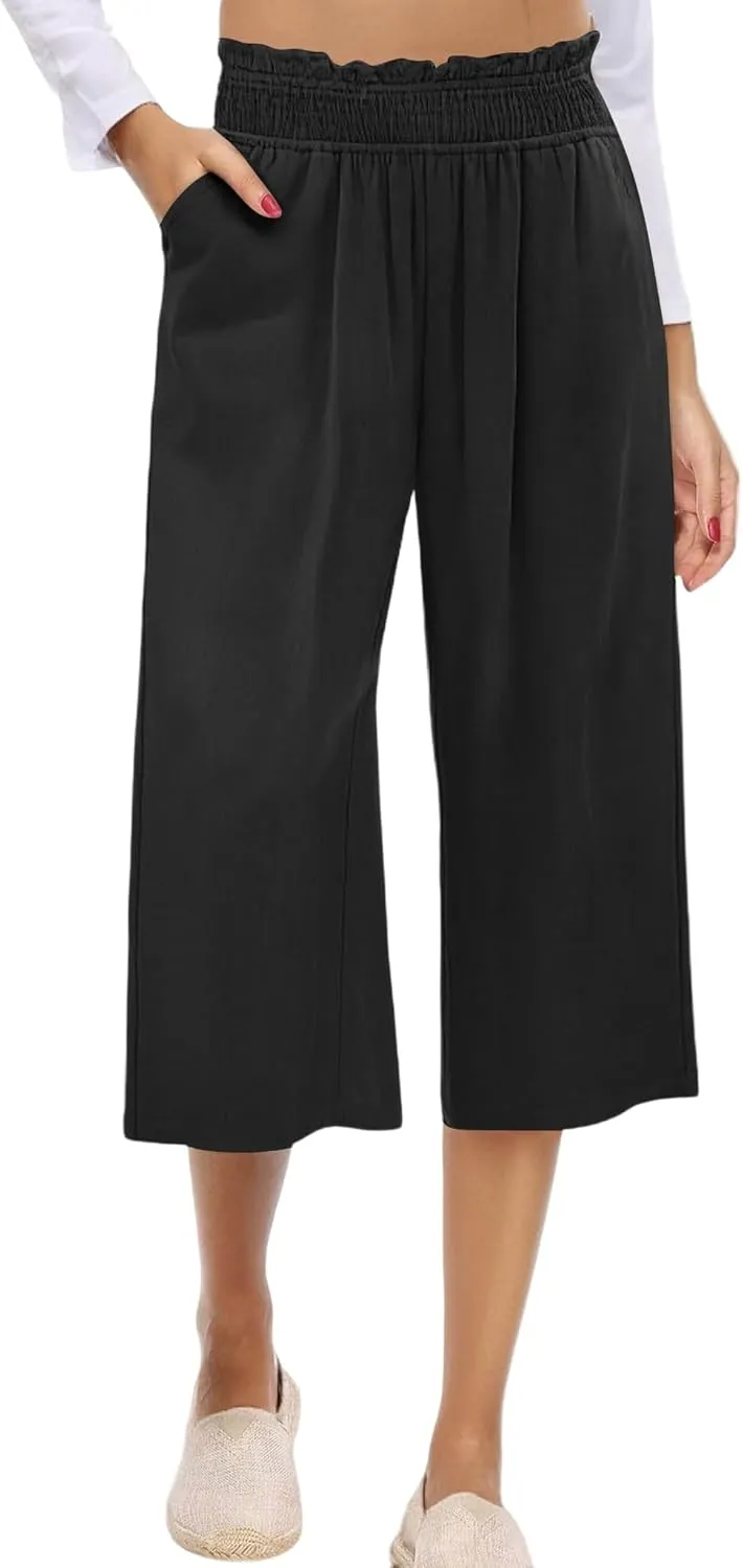 Capri Pants for Women High Waisted Wide Leg Linen Pants Elastic Smock Waist Flowy Palazzo Pant Summer Beach Pant