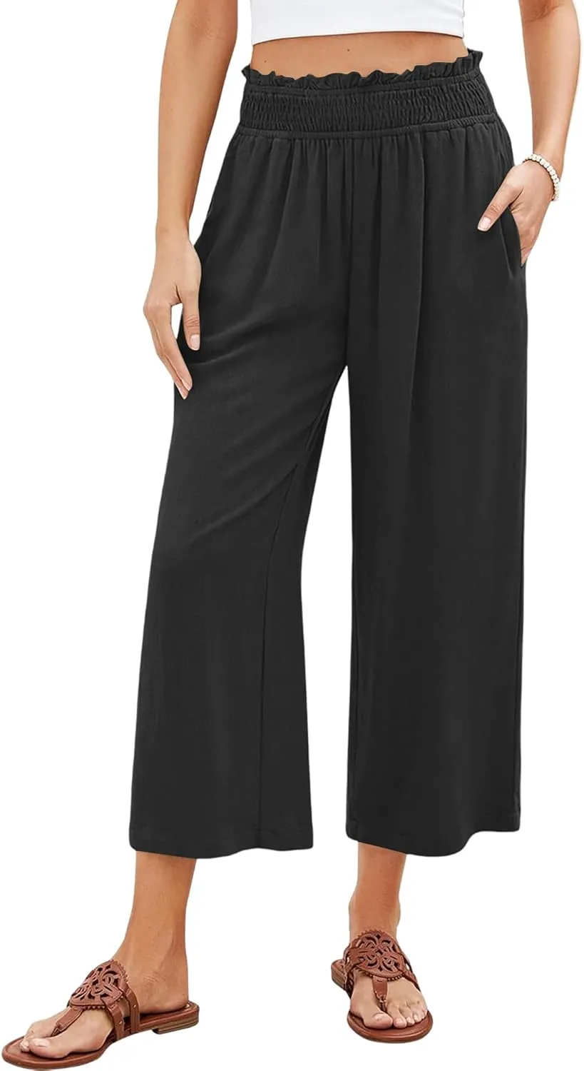 Capri Pants for Women High Waisted Wide Leg Linen Pants Elastic Smock Waist Flowy Palazzo Pant Summer Beach Pant