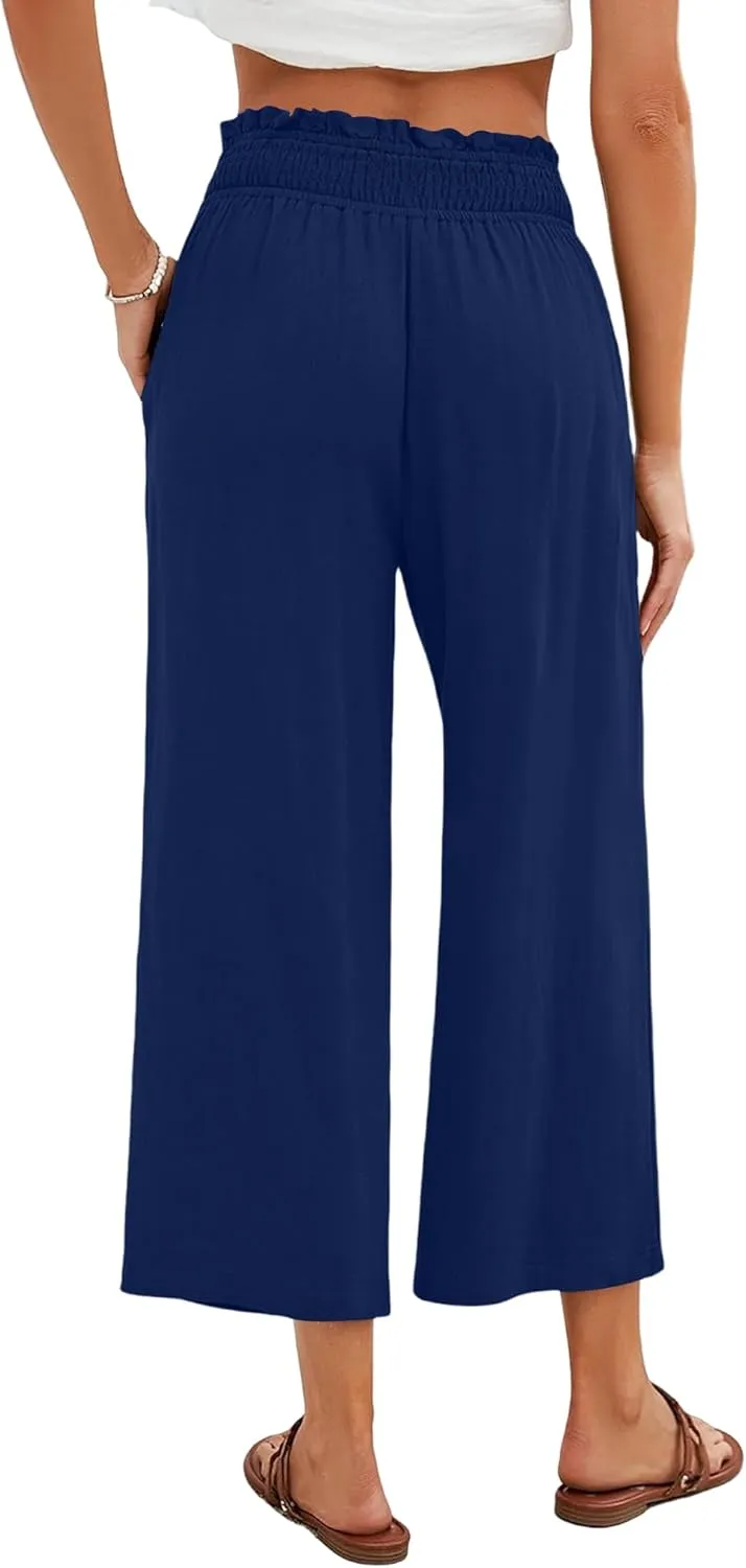 Capri Pants for Women High Waisted Wide Leg Linen Pants Elastic Smock Waist Flowy Palazzo Pant Summer Beach Pant