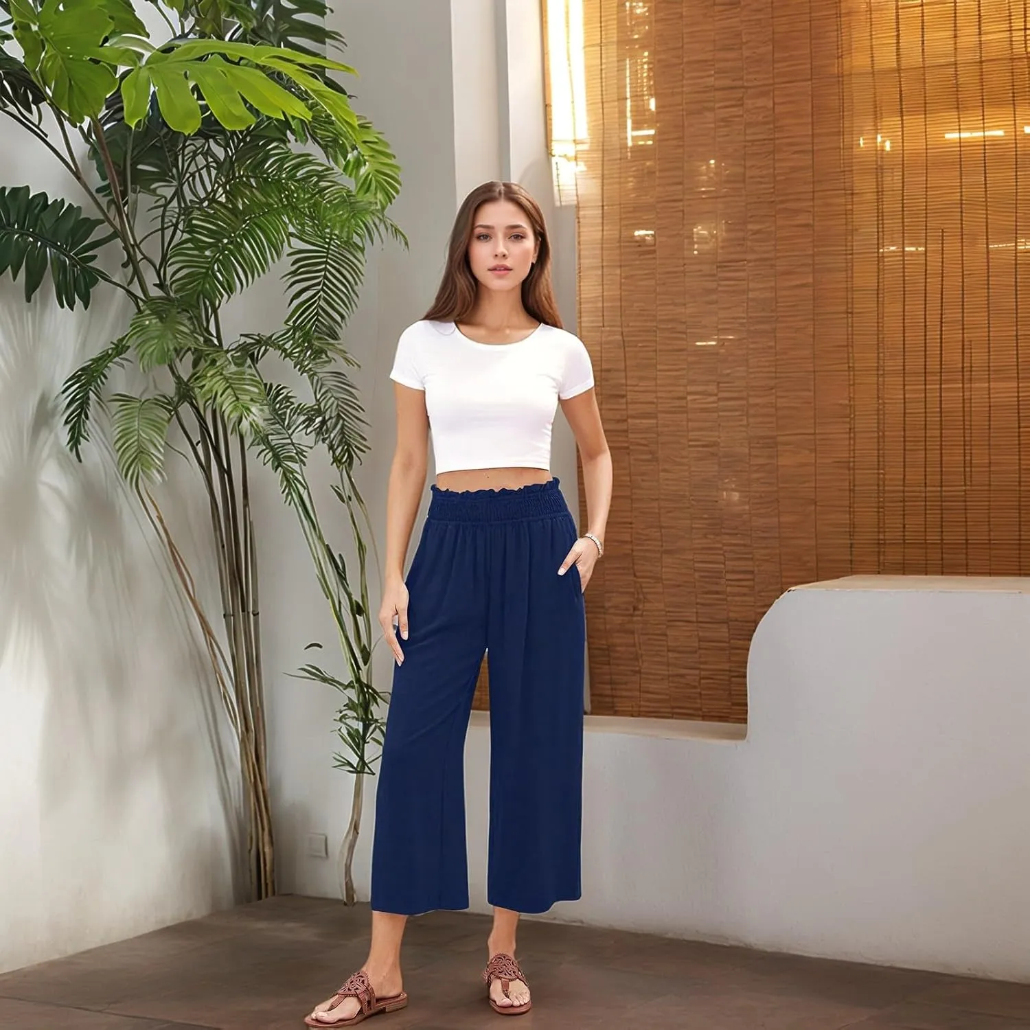 Capri Pants for Women High Waisted Wide Leg Linen Pants Elastic Smock Waist Flowy Palazzo Pant Summer Beach Pant
