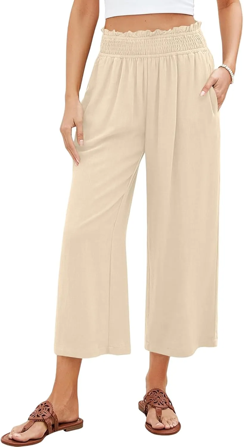 Capri Pants for Women High Waisted Wide Leg Linen Pants Elastic Smock Waist Flowy Palazzo Pant Summer Beach Pant