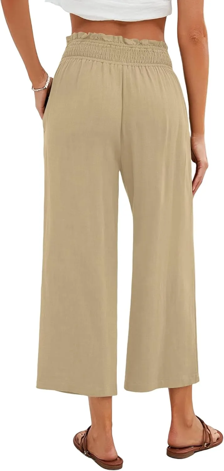 Capri Pants for Women High Waisted Wide Leg Linen Pants Elastic Smock Waist Flowy Palazzo Pant Summer Beach Pant