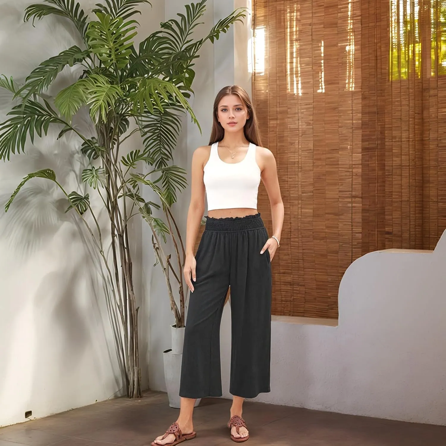 Capri Pants for Women High Waisted Wide Leg Linen Pants Elastic Smock Waist Flowy Palazzo Pant Summer Beach Pant