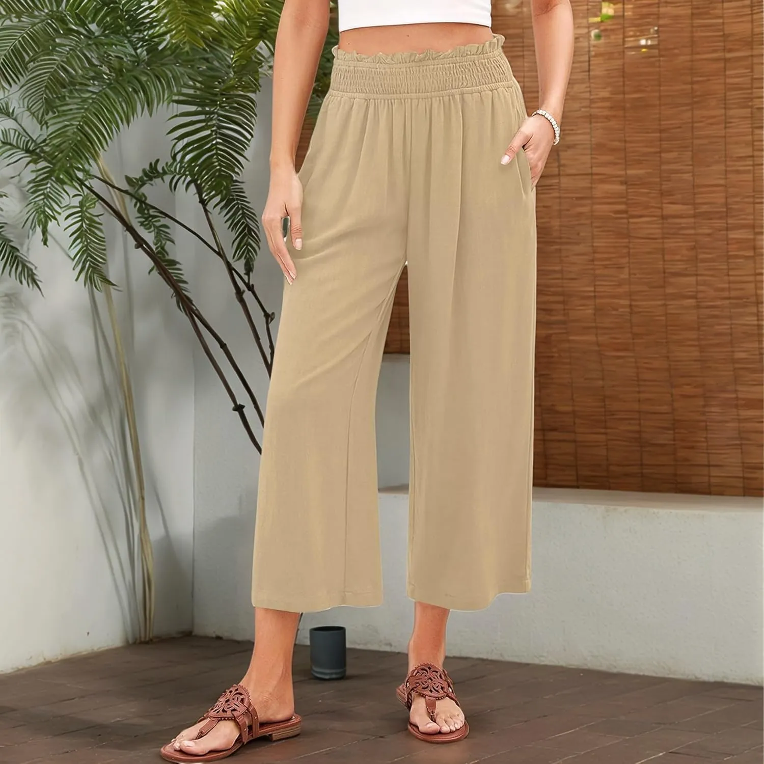 Capri Pants for Women High Waisted Wide Leg Linen Pants Elastic Smock Waist Flowy Palazzo Pant Summer Beach Pant