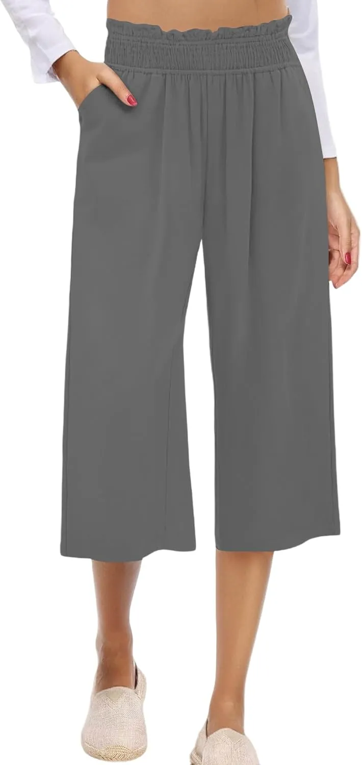 Capri Pants for Women High Waisted Wide Leg Linen Pants Elastic Smock Waist Flowy Palazzo Pant Summer Beach Pant