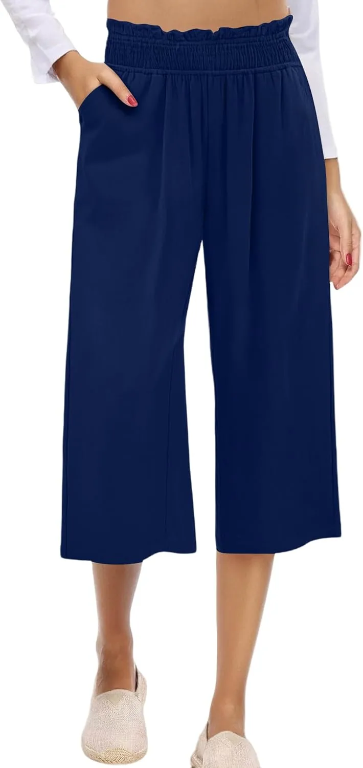Capri Pants for Women High Waisted Wide Leg Linen Pants Elastic Smock Waist Flowy Palazzo Pant Summer Beach Pant