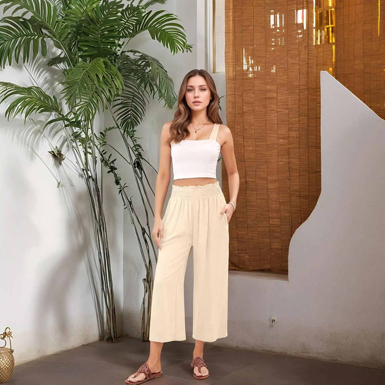 Capri Pants for Women High Waisted Wide Leg Linen Pants Elastic Smock Waist Flowy Palazzo Pant Summer Beach Pant