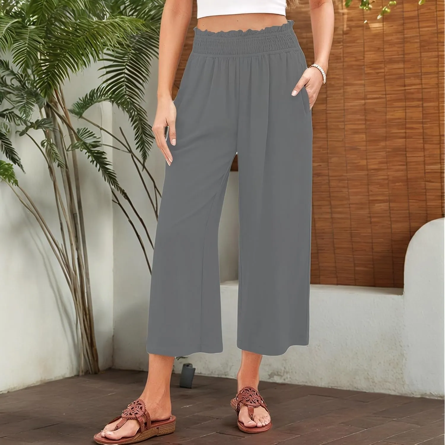 Capri Pants for Women High Waisted Wide Leg Linen Pants Elastic Smock Waist Flowy Palazzo Pant Summer Beach Pant