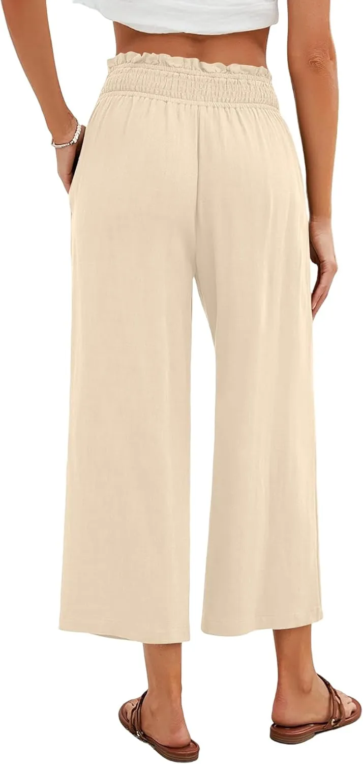 Capri Pants for Women High Waisted Wide Leg Linen Pants Elastic Smock Waist Flowy Palazzo Pant Summer Beach Pant