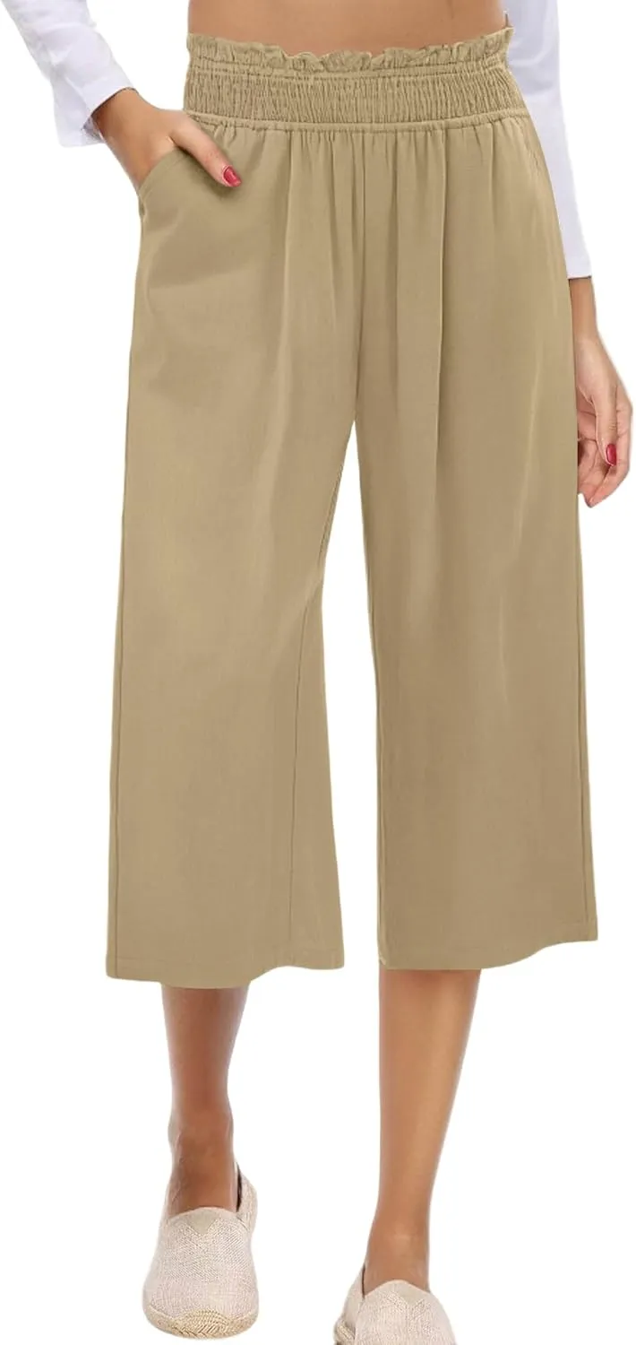 Capri Pants for Women High Waisted Wide Leg Linen Pants Elastic Smock Waist Flowy Palazzo Pant Summer Beach Pant