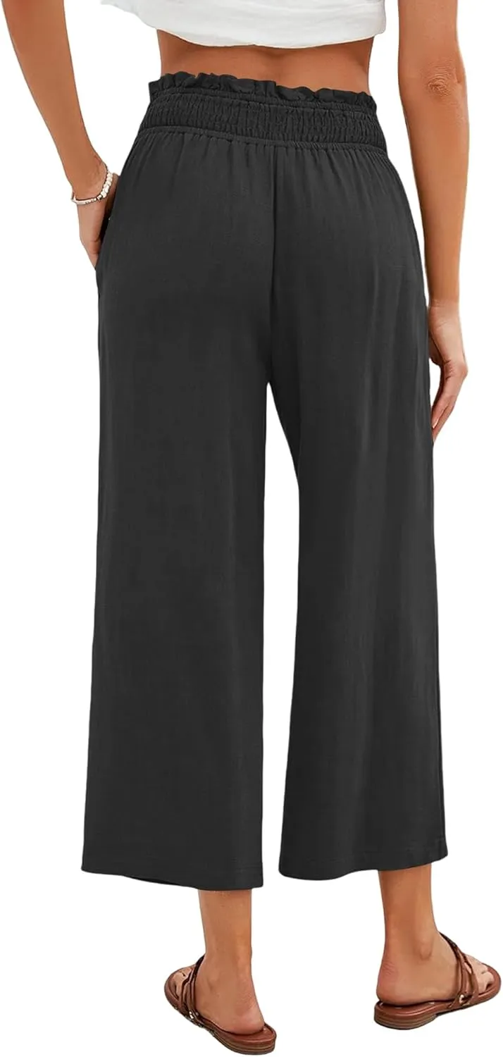 Capri Pants for Women High Waisted Wide Leg Linen Pants Elastic Smock Waist Flowy Palazzo Pant Summer Beach Pant