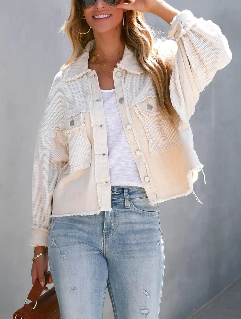 CHARTOU Women's Oversized Waffle Knit Shacket Cropped Color Block Jean Patchwork Blouse Shirt