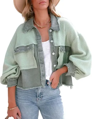 CHARTOU Women's Oversized Waffle Knit Shacket Cropped Color Block Jean Patchwork Blouse Shirt