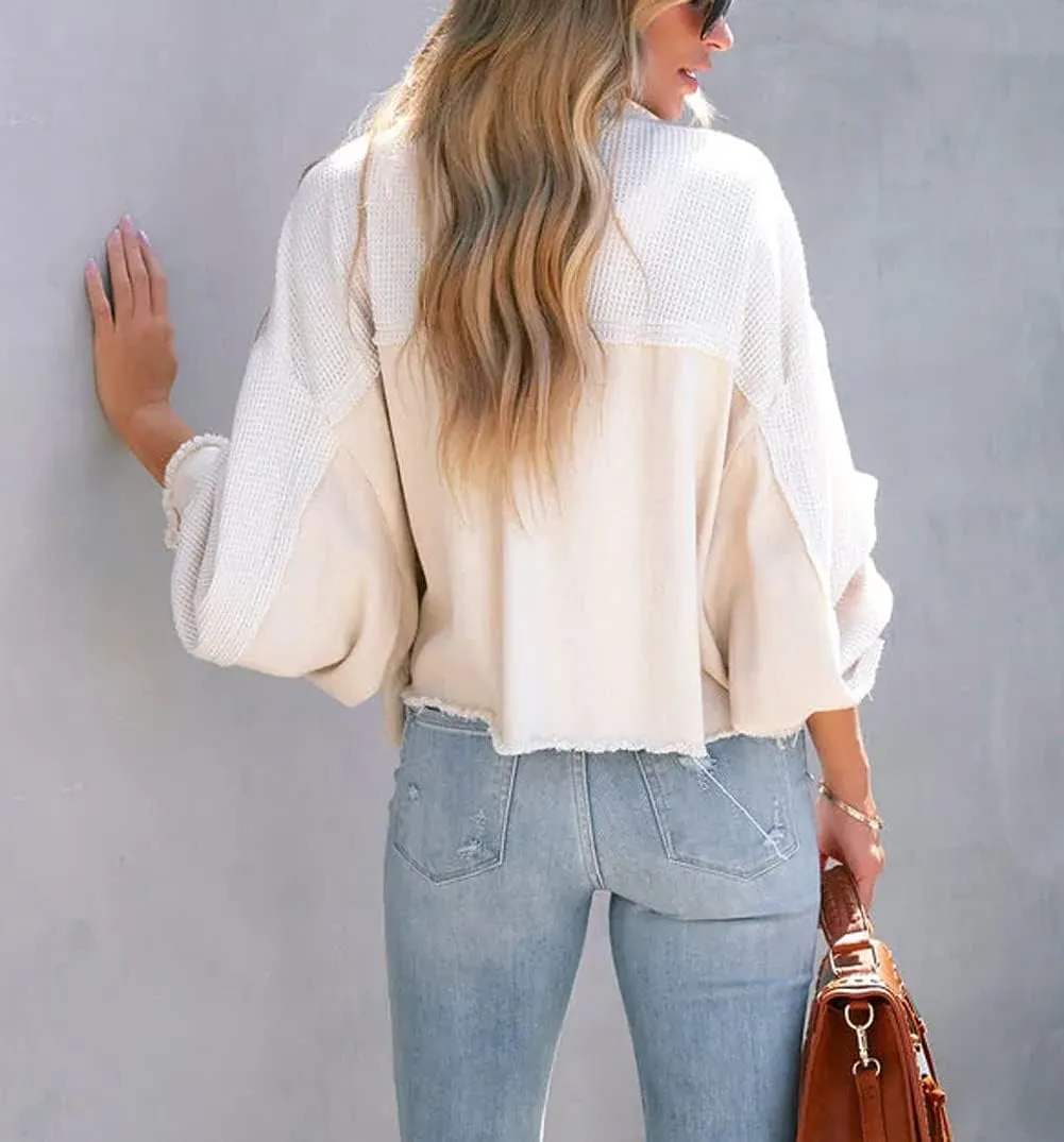 CHARTOU Women's Oversized Waffle Knit Shacket Cropped Color Block Jean Patchwork Blouse Shirt