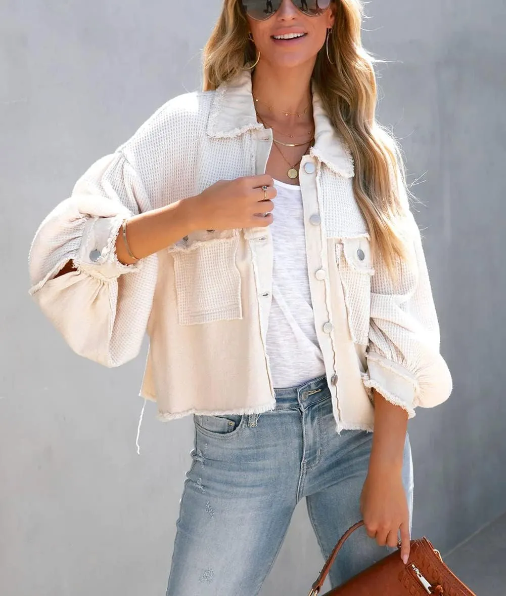 CHARTOU Women's Oversized Waffle Knit Shacket Cropped Color Block Jean Patchwork Blouse Shirt