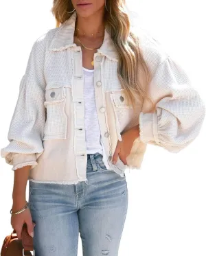 CHARTOU Women's Oversized Waffle Knit Shacket Cropped Color Block Jean Patchwork Blouse Shirt