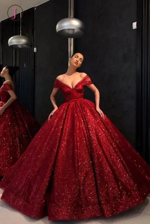 Chic Ball Gown Prom Dress Vintage Cheap Off The Shoulder Red Sequins Prom Dress KPP0643