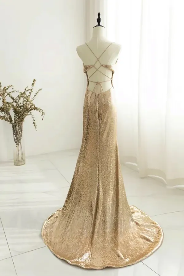 Chic Champagne Sequins Long Prom Dress, Sequins Champagne Formal Dress KPP1982
