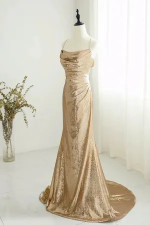 Chic Champagne Sequins Long Prom Dress, Sequins Champagne Formal Dress KPP1982