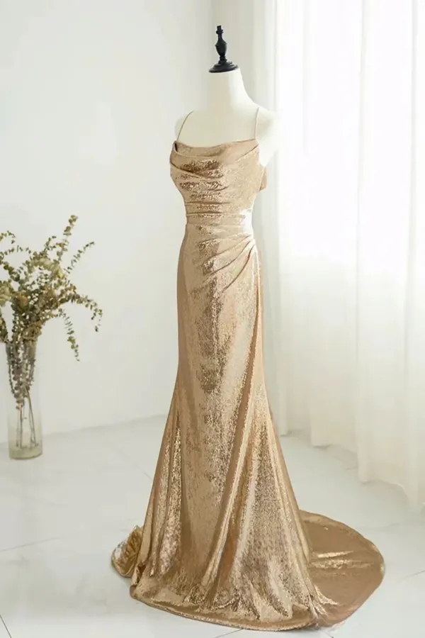 Chic Champagne Sequins Long Prom Dress, Sequins Champagne Formal Dress KPP1982