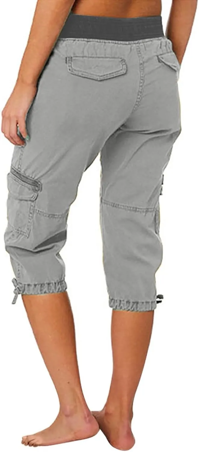 Cotton Cargo Capris for Women with Pockets Plus Size High Waisted Light Weight Hiking Travel Pants Trousers