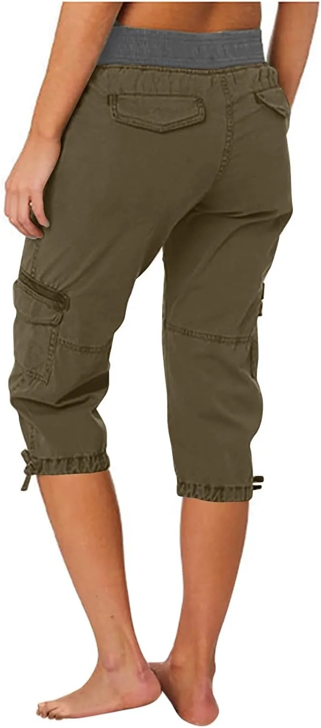Cotton Cargo Capris for Women with Pockets Plus Size High Waisted Light Weight Hiking Travel Pants Trousers