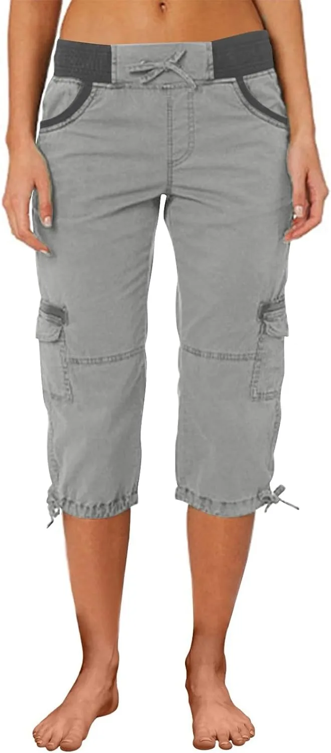 Cotton Cargo Capris for Women with Pockets Plus Size High Waisted Light Weight Hiking Travel Pants Trousers