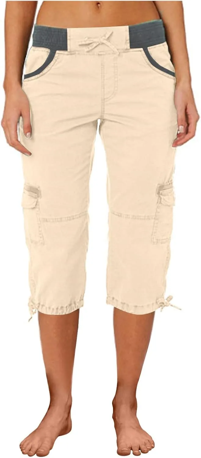 Cotton Cargo Capris for Women with Pockets Plus Size High Waisted Light Weight Hiking Travel Pants Trousers