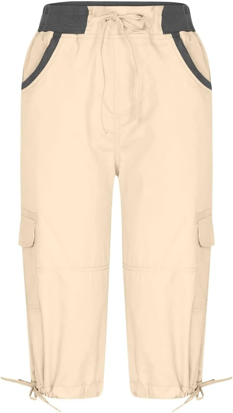 Cotton Cargo Capris for Women with Pockets Plus Size High Waisted Light Weight Hiking Travel Pants Trousers