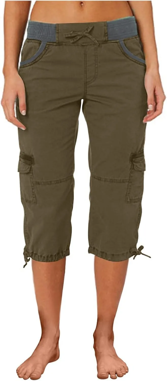 Cotton Cargo Capris for Women with Pockets Plus Size High Waisted Light Weight Hiking Travel Pants Trousers