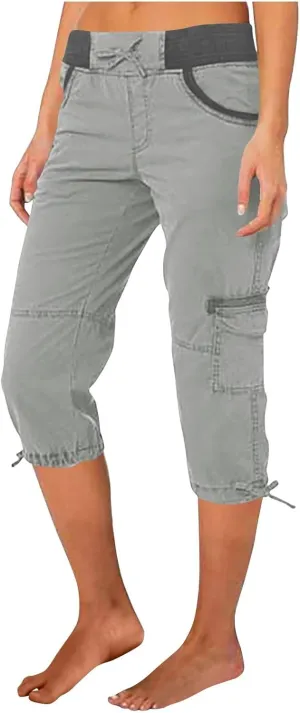 Cotton Cargo Capris for Women with Pockets Plus Size High Waisted Light Weight Hiking Travel Pants Trousers