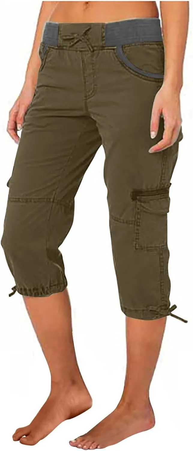 Cotton Cargo Capris for Women with Pockets Plus Size High Waisted Light Weight Hiking Travel Pants Trousers