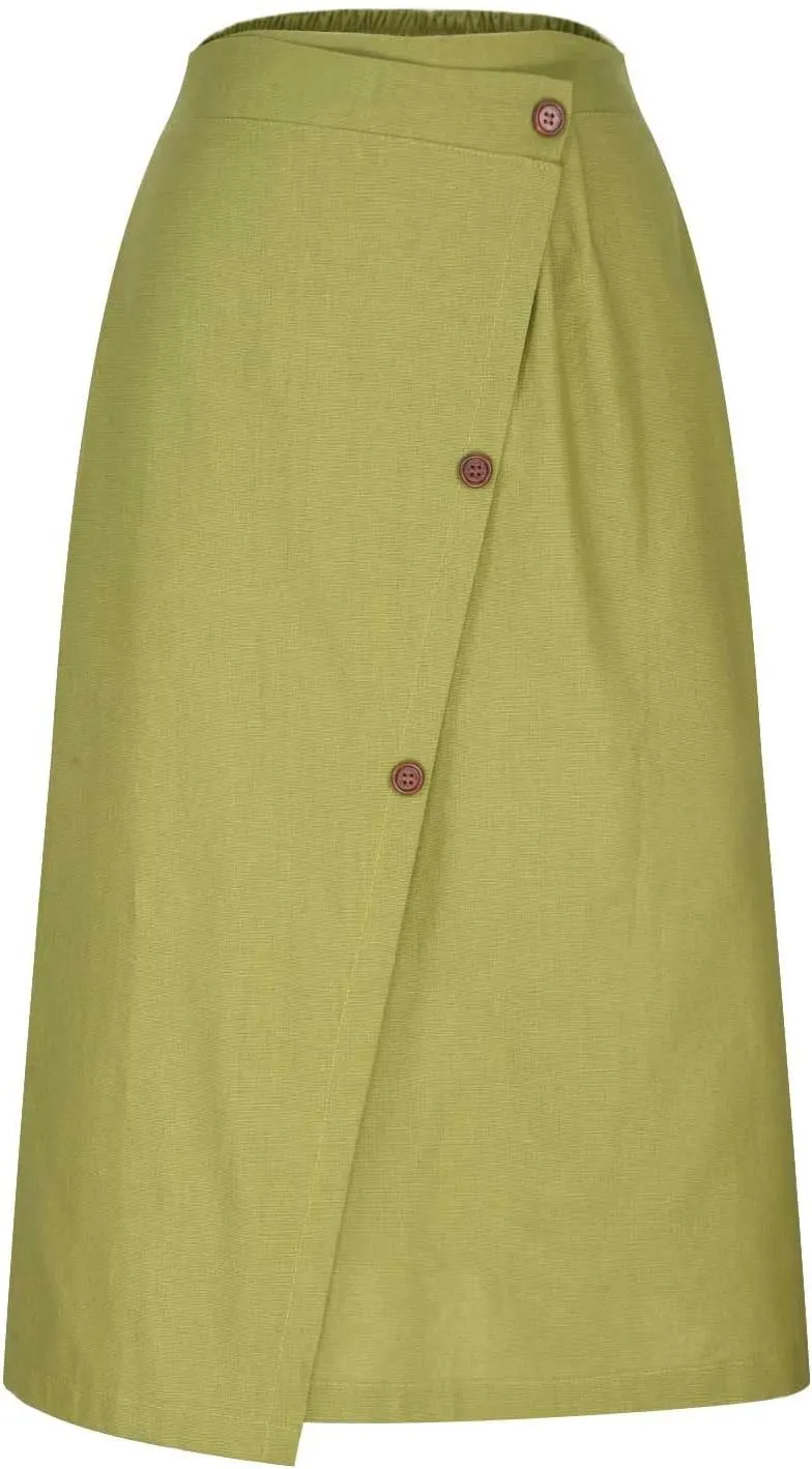 Cotton Linen Midi Skirt Women Button Flowy Summer Skirt Vintage Style