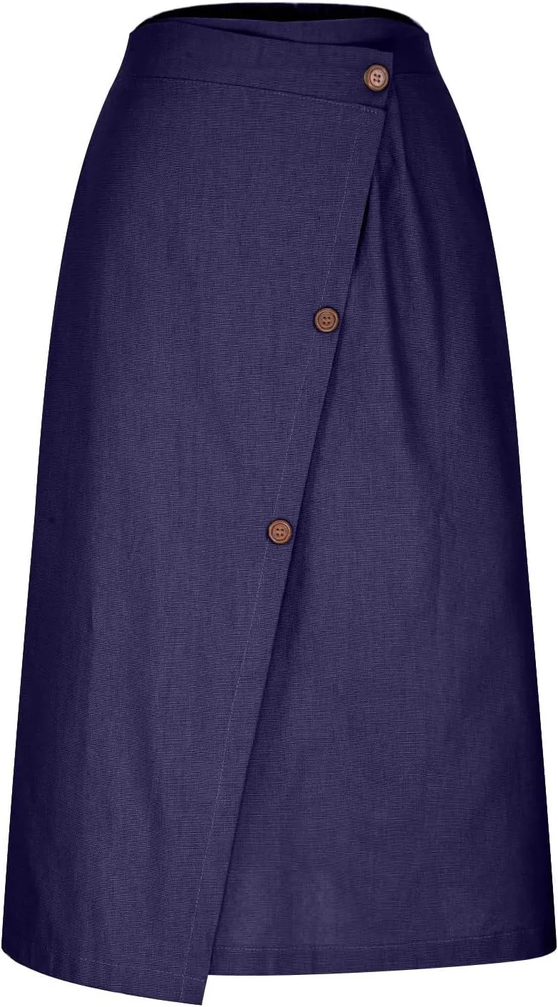 Cotton Linen Midi Skirt Women Button Flowy Summer Skirt Vintage Style