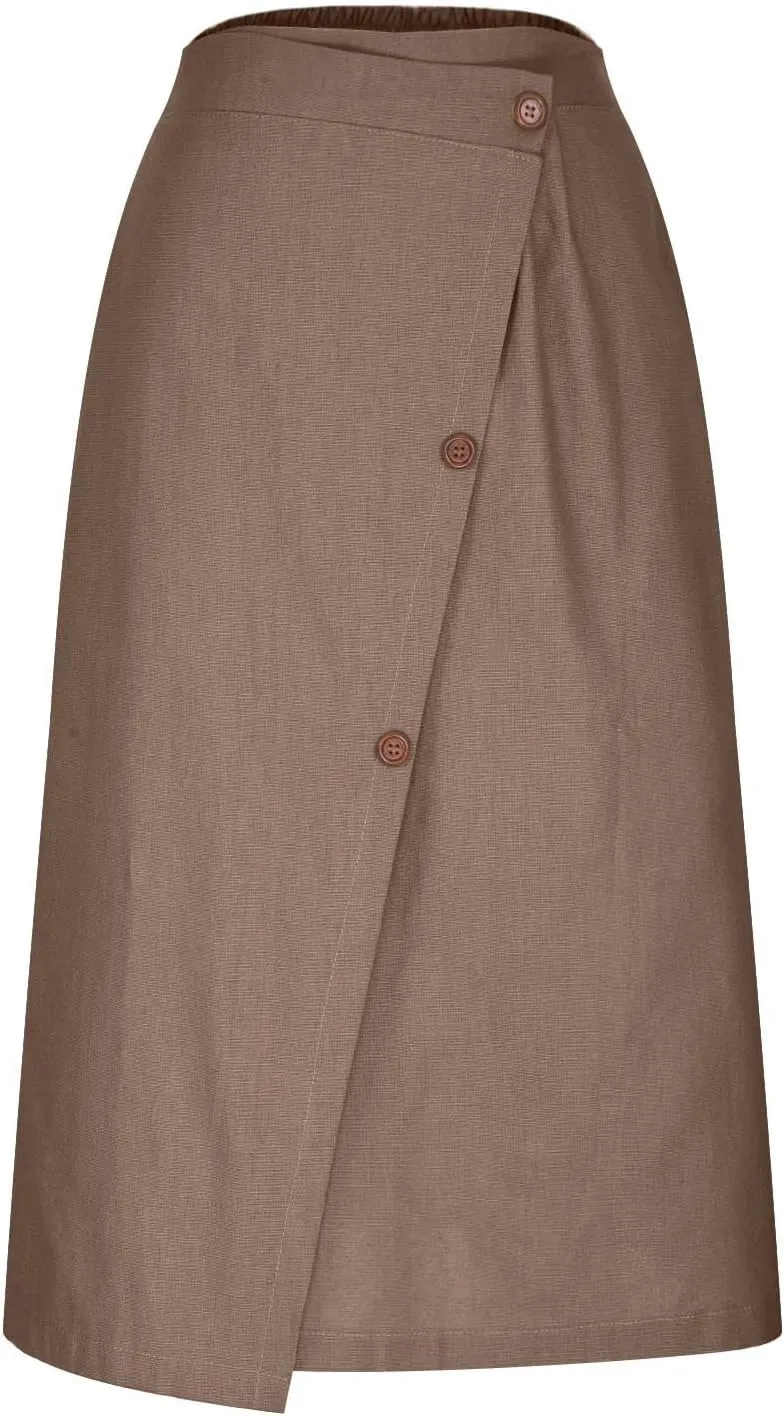 Cotton Linen Midi Skirt Women Button Flowy Summer Skirt Vintage Style