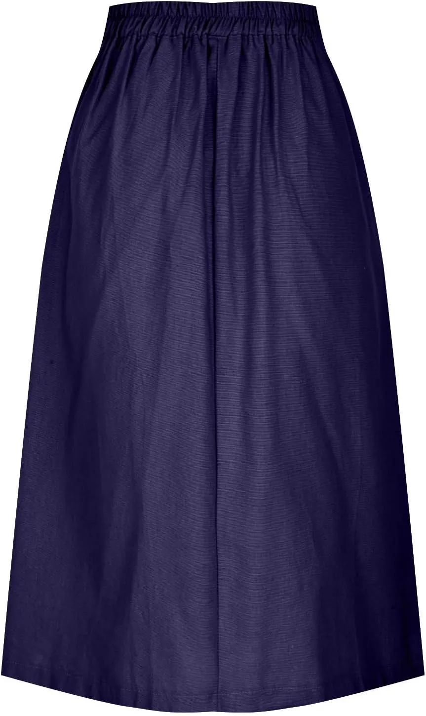 Cotton Linen Midi Skirt Women Button Flowy Summer Skirt Vintage Style
