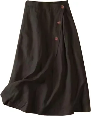 Cotton Linen Midi Skirt Women Button Flowy Summer Skirt Vintage Style