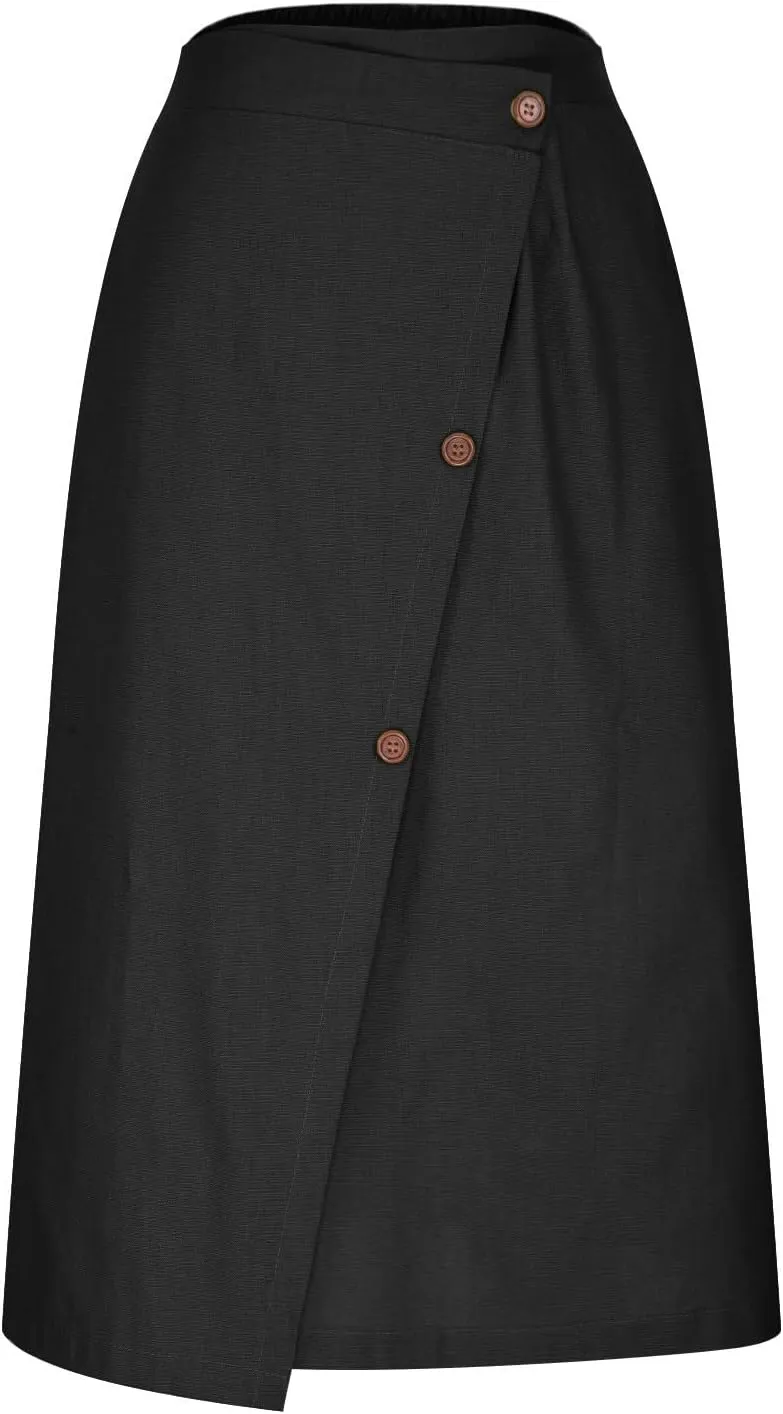 Cotton Linen Midi Skirt Women Button Flowy Summer Skirt Vintage Style