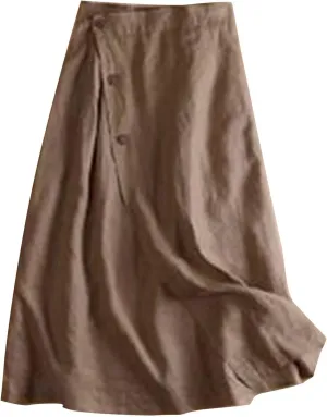 Cotton Linen Midi Skirt Women Button Flowy Summer Skirt Vintage Style