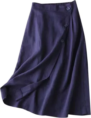 Cotton Linen Midi Skirt Women Button Flowy Summer Skirt Vintage Style