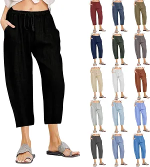 Cotton Linen Pants for Women High Waisted Wide Leg Capris Summer Casual Elastic Drawstring Cropped Trouseres 2025