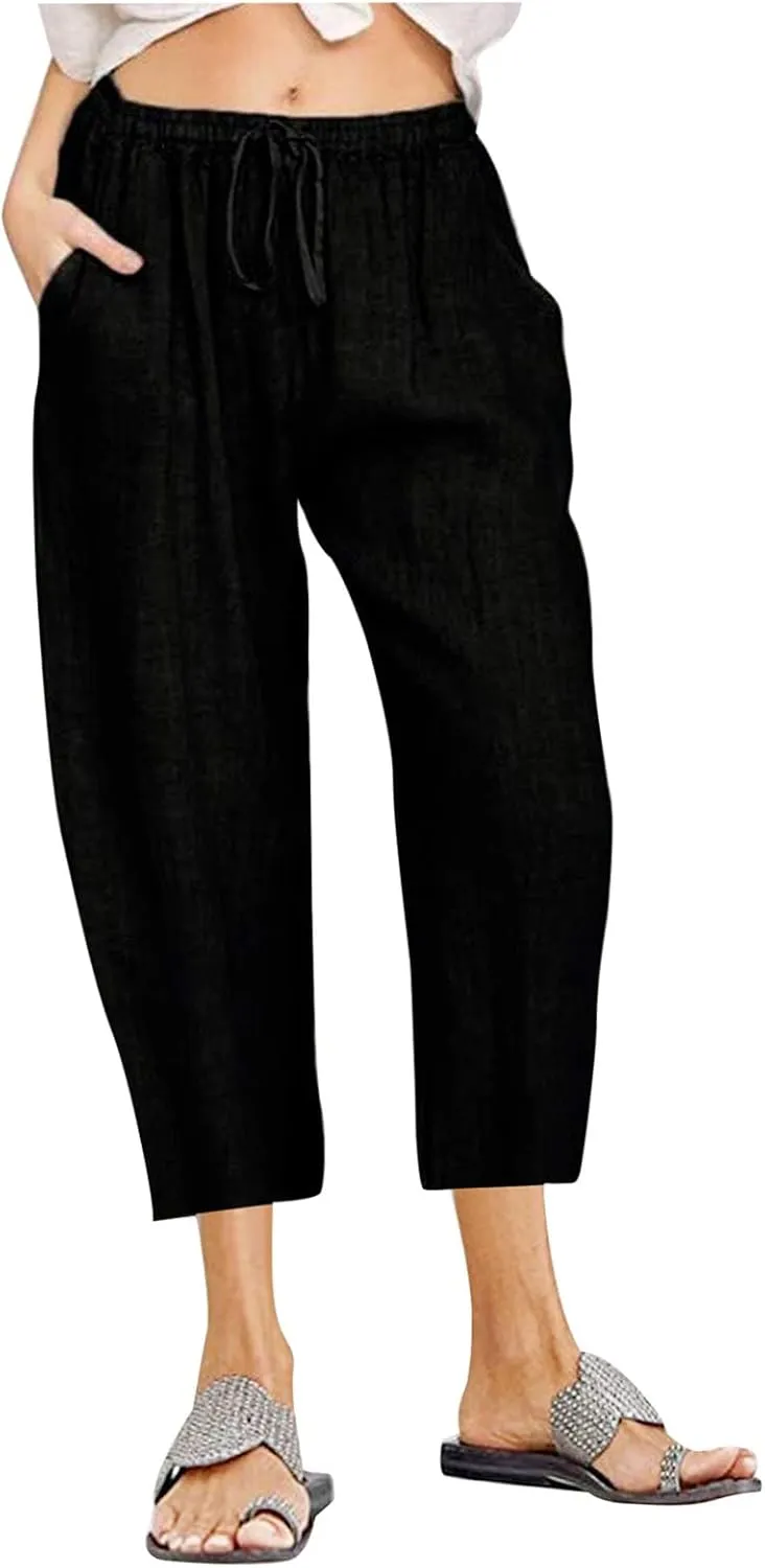 Cotton Linen Pants for Women High Waisted Wide Leg Capris Summer Casual Elastic Drawstring Cropped Trouseres 2025