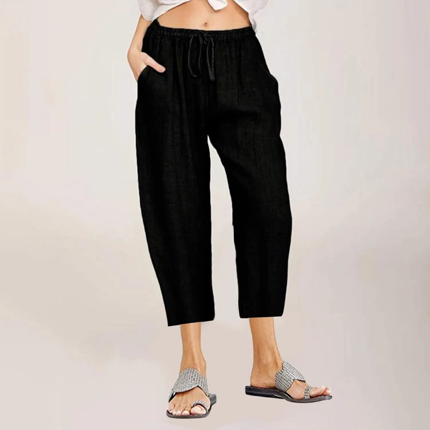 Cotton Linen Pants for Women High Waisted Wide Leg Capris Summer Casual Elastic Drawstring Cropped Trouseres 2025